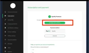 Ekran Spotify z zaznaczonym przyciskiem "Zmień lub anuluj" subskrypcję Premium.