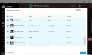 Lista utworów Spotify z zaznaczonymi do konwersji piosenkami, widok aplikacji UkeySoft Spotify Music Converter.