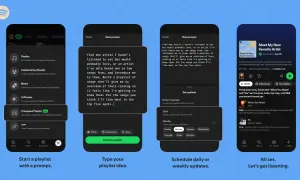 Cztery ekrany aplikacji Spotify pokazujące tworzenie playlisty z tekstem i opcjami.