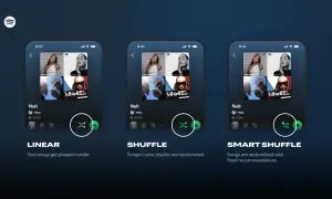 Trzy ekrany telefonu z interfejsem Spotify pokazujące opcje odtwarzania: liniowe, losowe i inteligentne.