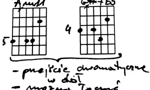 Dwa diagramy chwytów gitarowych: Am i G#7b5, z notatkami.